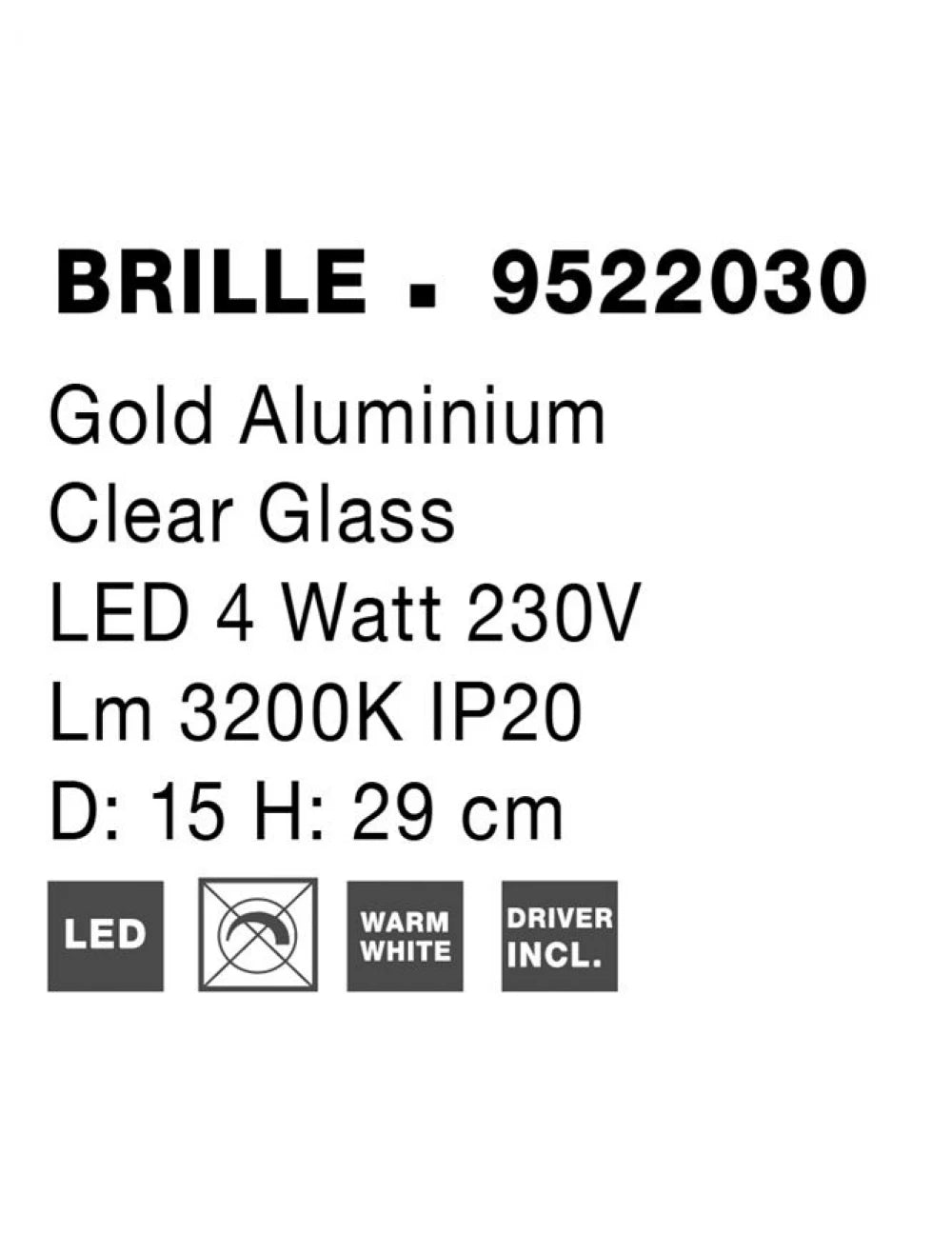 Veioza structura din Aluminiu Auriu si abajur din Acrilic Transparent H29xL15cm IP20 4W 231lm 3200k BRILLE
