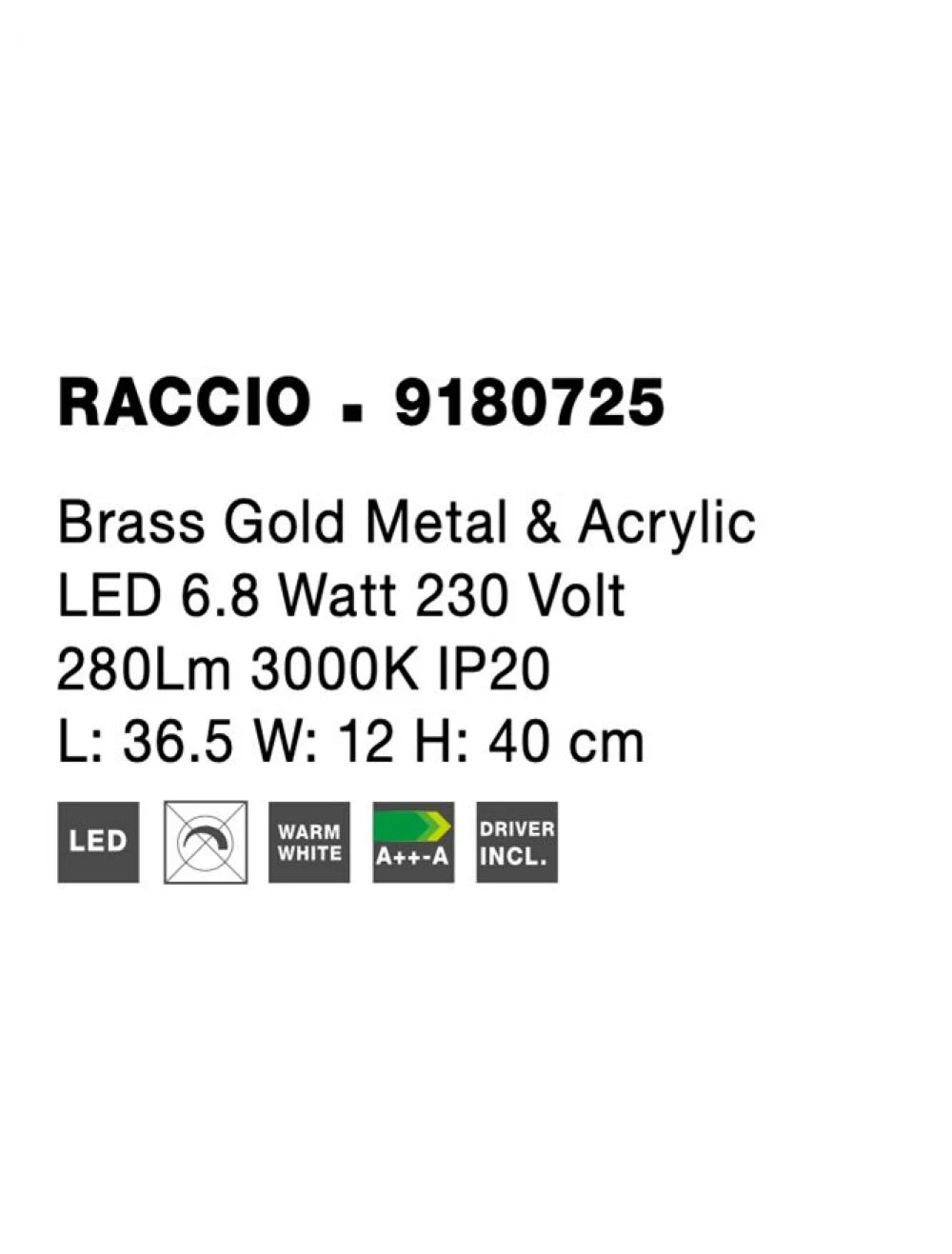 Veioza structura din Metal Auriu si abajur din Acrilic Alb H40xL36.5cm IP20 5W 377lm 3000k RACCIO