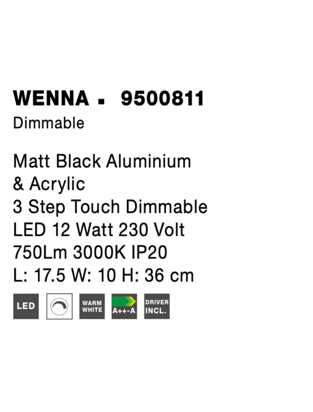 Veioza din Aluminiu Negru H36xL17.5cm IP20 11W 699lm 3000k WENNA