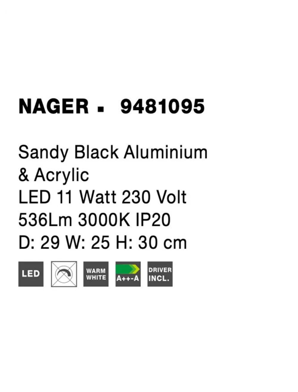 Veioza din Aluminiu Negru H30xL29cm IP20 11W 536lm 3000k NAGER