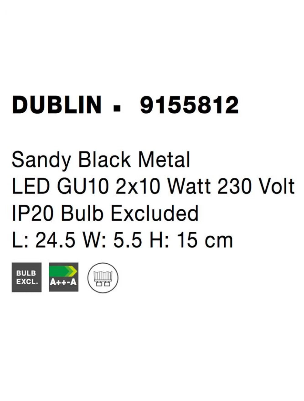 Plafoniera din Metal Negru H15xL24.5cm IP20 DUBLIN