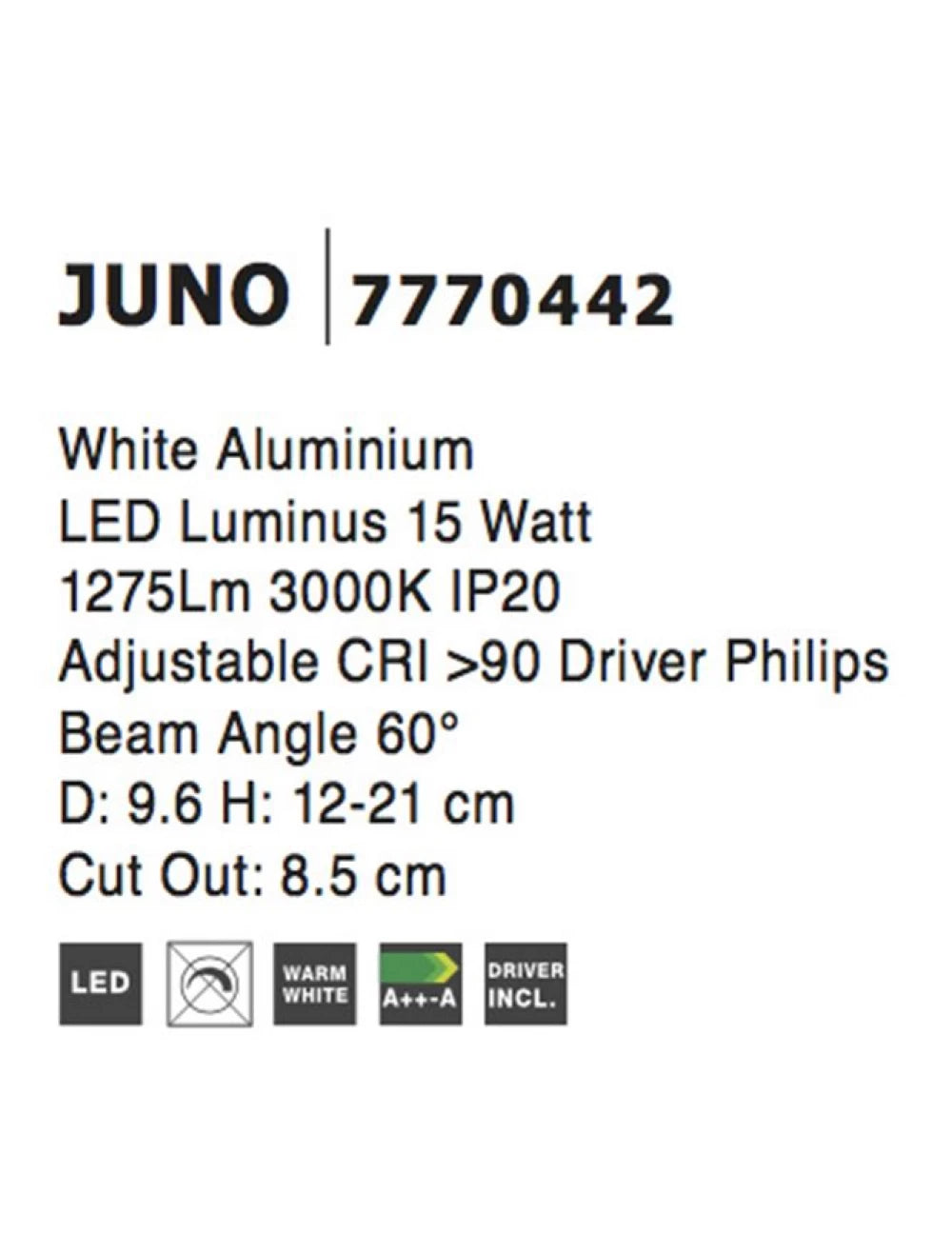 Spot incastrat din Aluminiu Alb H12/21xL9.6cm IP20 15W 1189lm 3000k JUNO