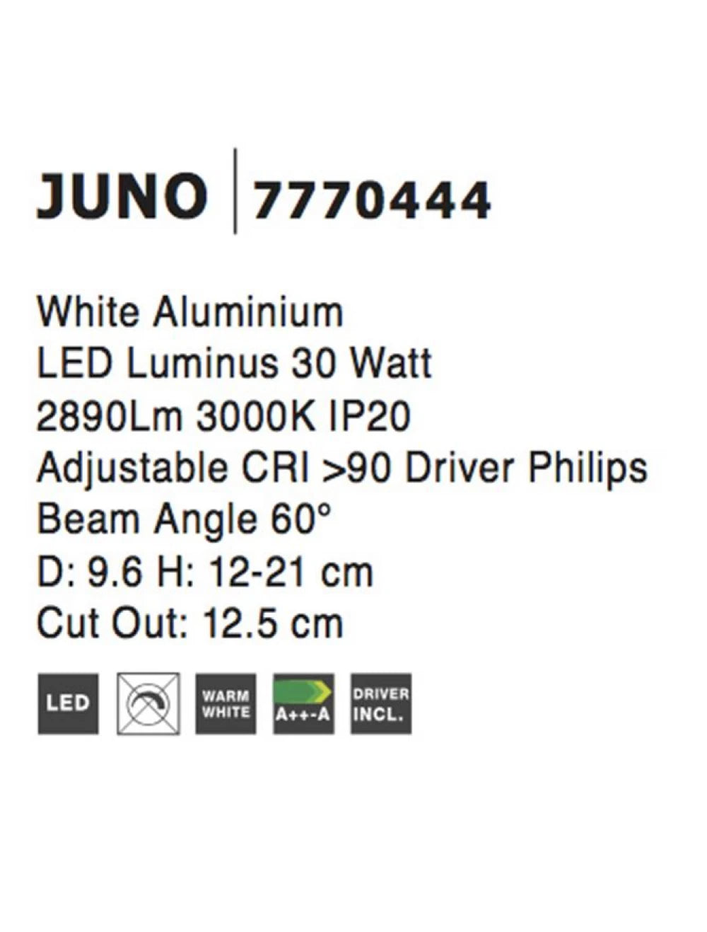 Spot incastrat din Aluminiu Alb H16/26.3xL14cm IP20 30W 2490lm 3000k JUNO