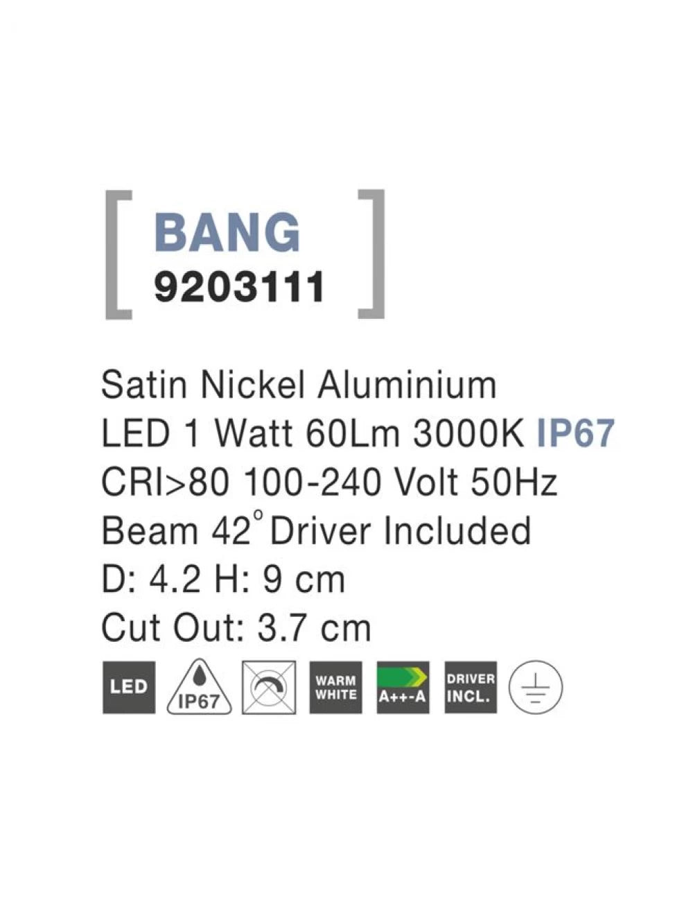 Spot incastrat pentru scari din Aluminiu Argintiu H9xL4.2cm IP67 1W 60lm 3000k BANG