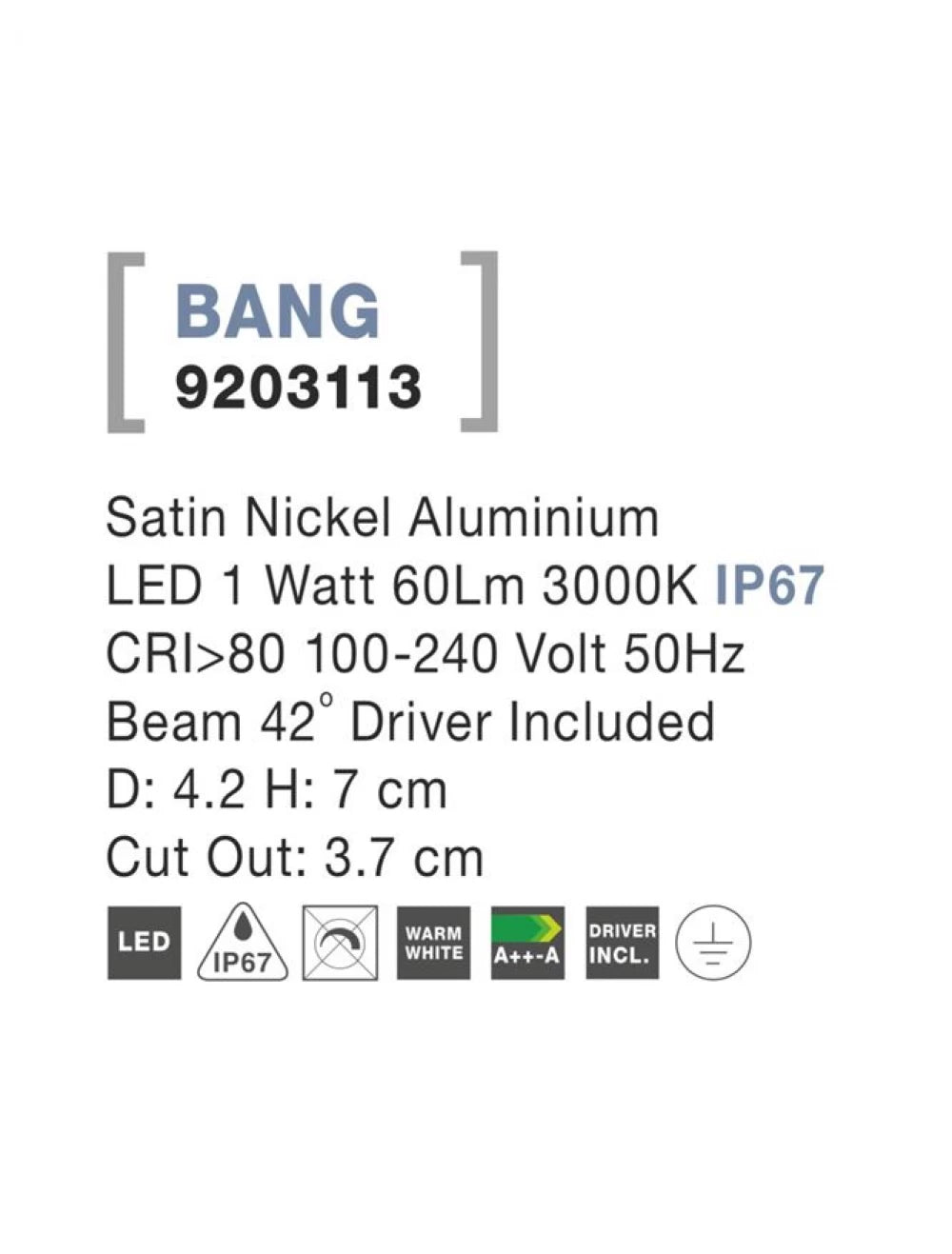 Spot incastrat pentru scari din Aluminiu Argintiu H9xL4.2cm IP67 1W 60lm 3000k BANG
