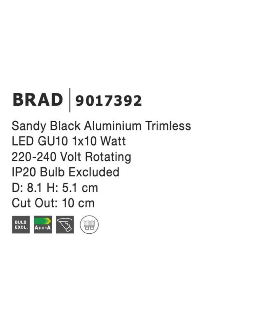 Spot incastrat din Aluminiu Negru H5.1xL8.1cm IP20 LED GU10 BRAD