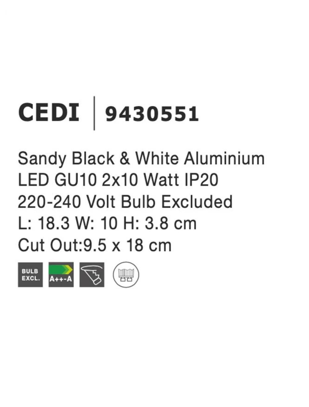 Spot incastrat din Aluminiu Alb interior negru H3.8xL18.3cm IP20 LED GU10 CEDI