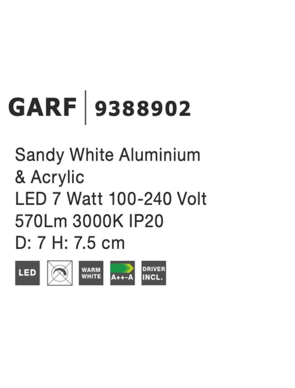 Spot aplicat din Aluminiu Alb H7.5xL7cm IP20 7W 570lm 4000k GARF
