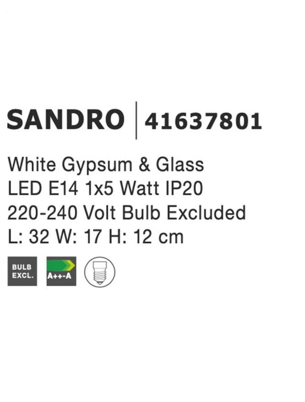 Aplica perete din Gips Alb H12xL32cm LED E14 SANDRO