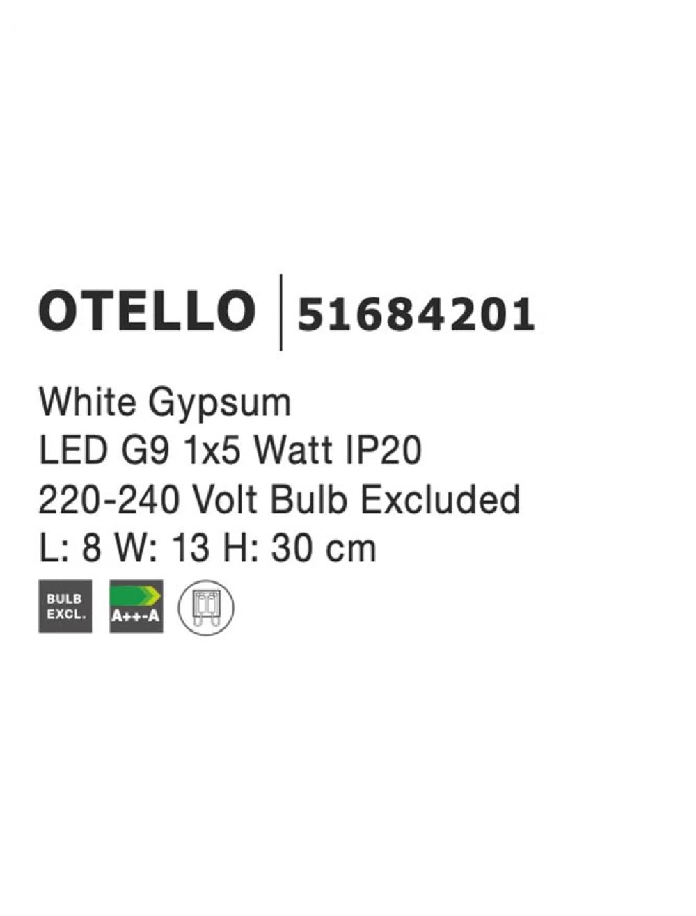 Aplica perete din Gips Alb H30xL8cm LED G9 OTELLO