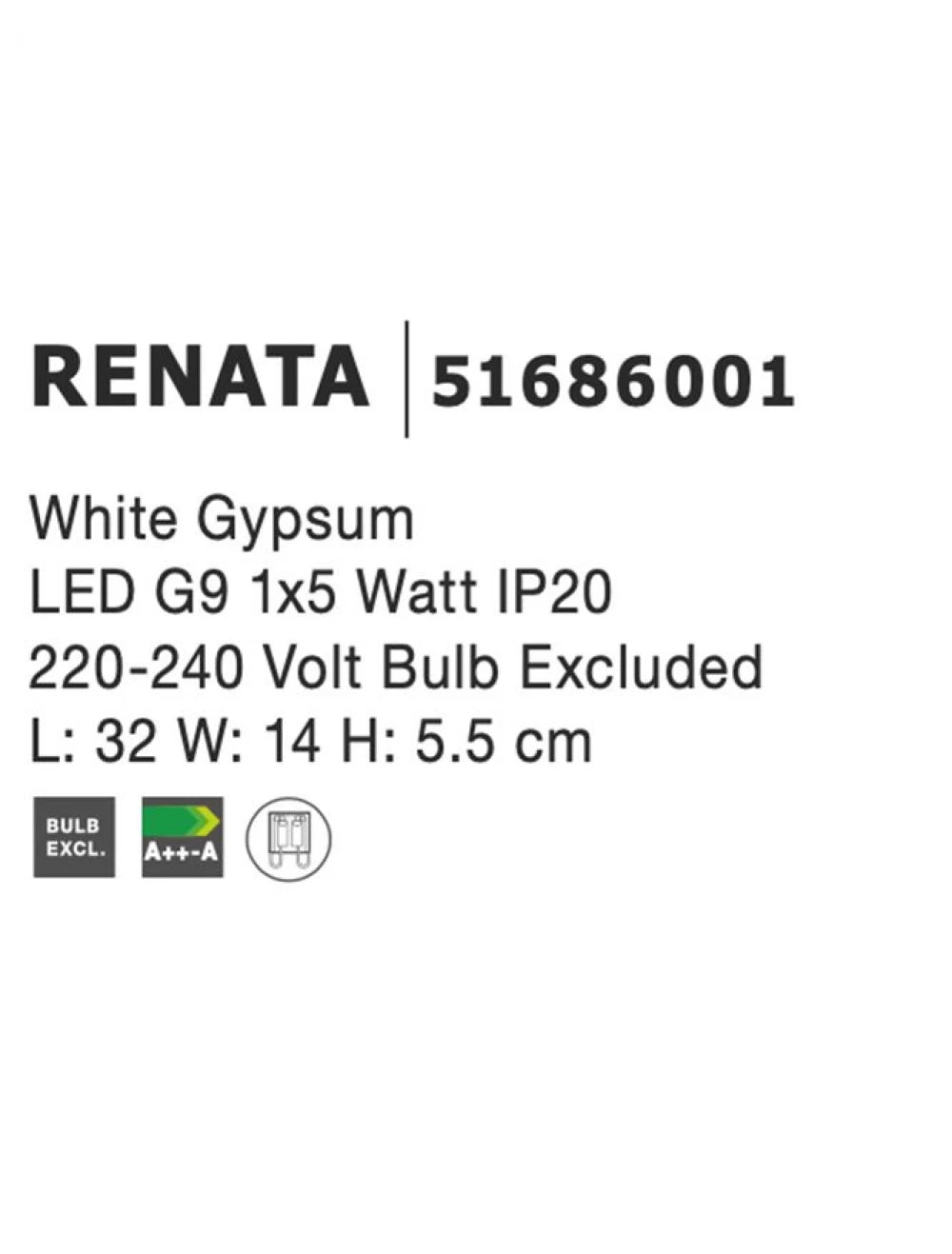 Aplica perete din Gips Alb H5.5xL32cm LED G9 RENATA