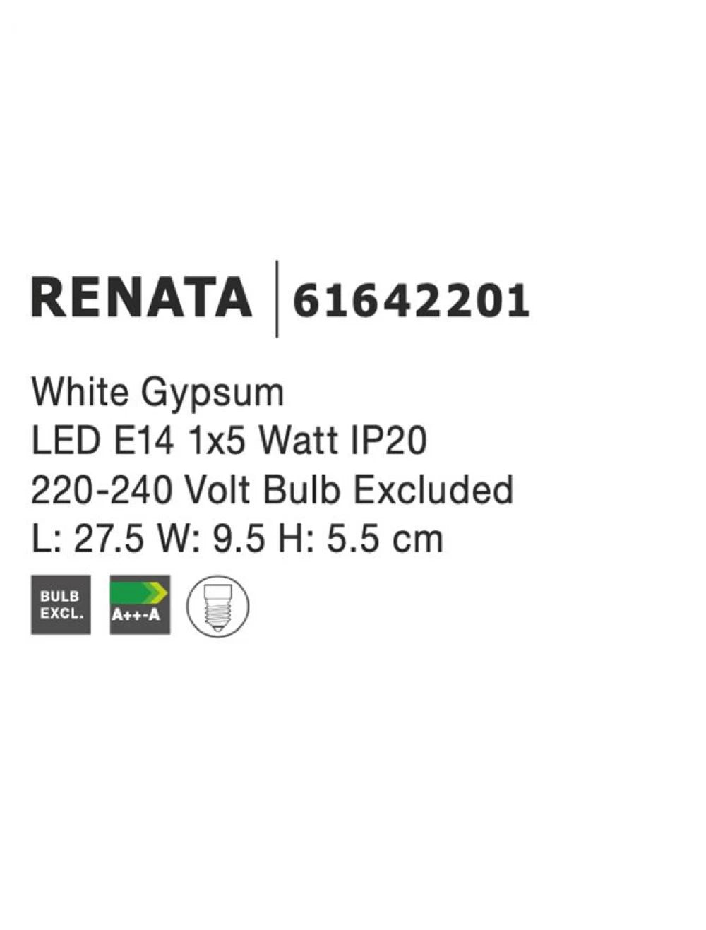Aplica perete din Gips Alb H5.5xL27.5cm LED E14 RENATA