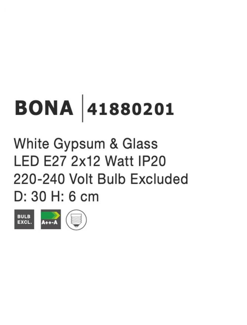 Plafoniera din Gips Alb H6xL30cm IP20 E27 BONA