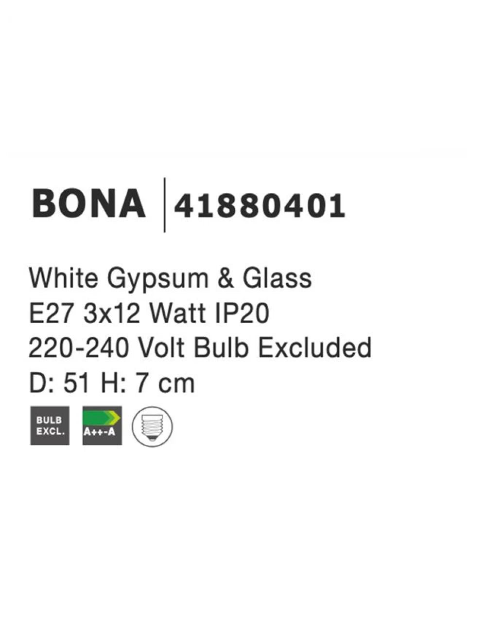 Plafoniera din Gips Alb H7xL51cm IP20 E27 BONA