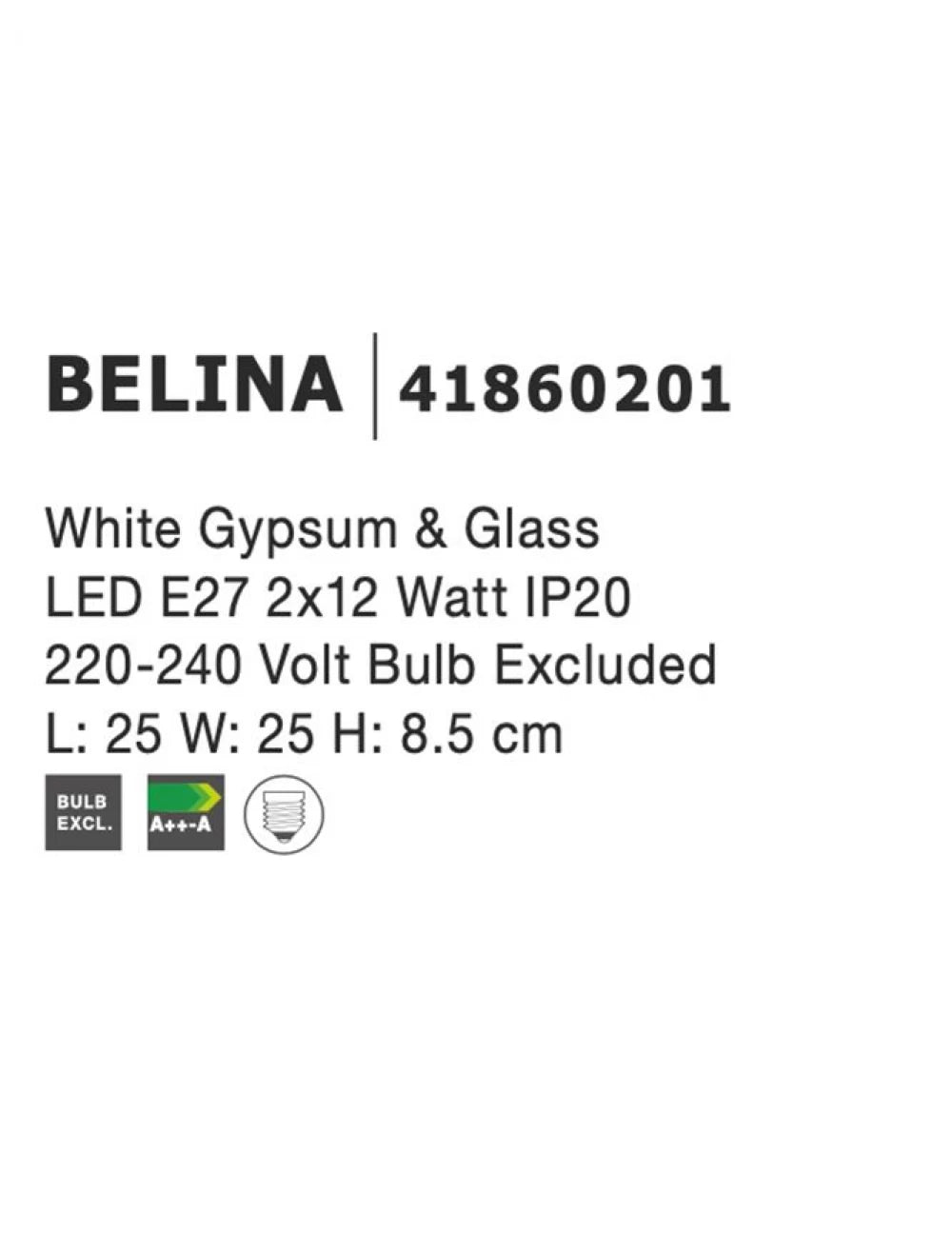 Plafoniera din Gips Alb H8.5xL25cm IP20 LED E27 BELINA
