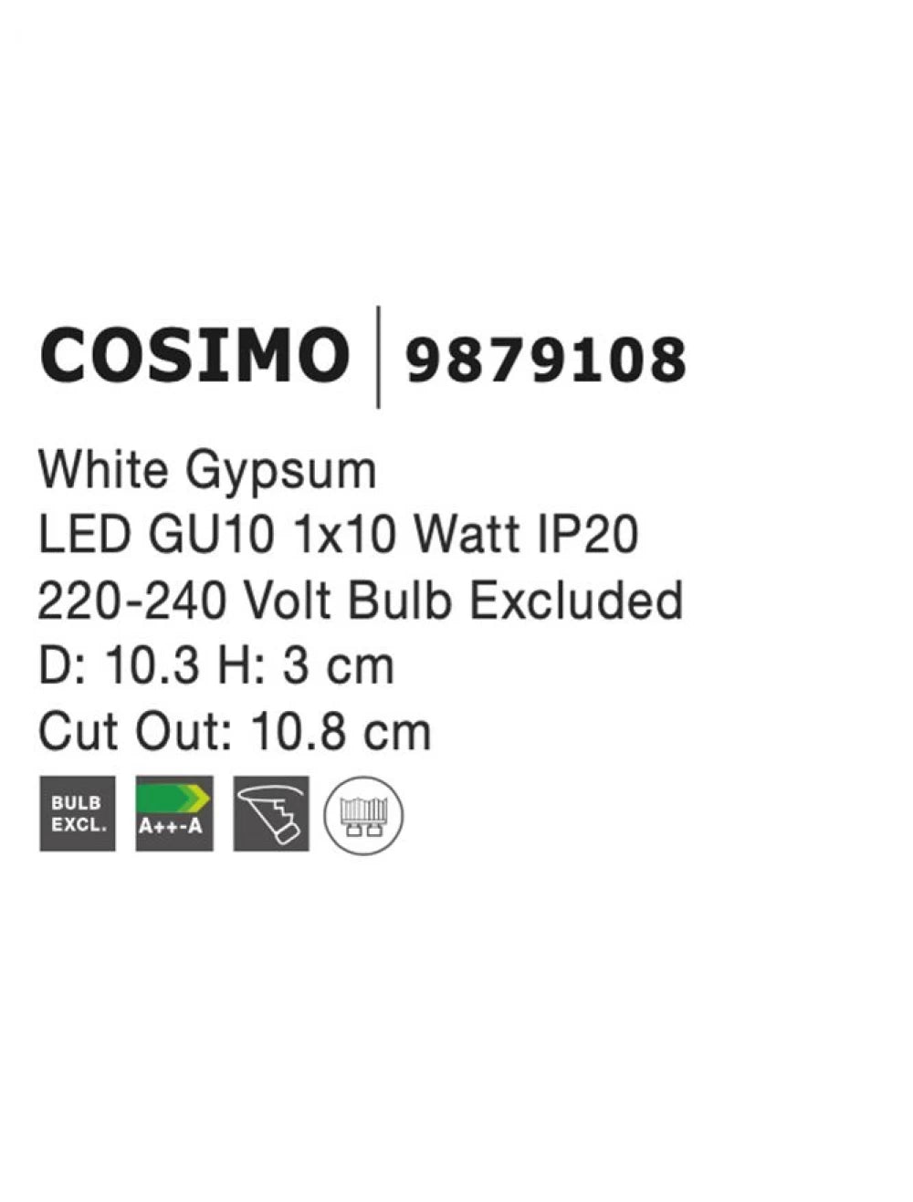 Spot incastrat din Gips Alb H3xL10.3cm IP20 LED GU10 COSIMO