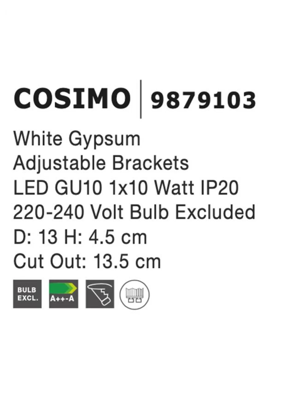 Spot incastrat din Gips Alb H4.5xL13cm IP20 LED GU10 COSIMO