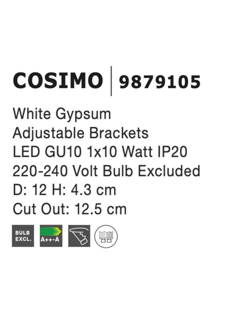 Spot incastrat din Gips Alb H4.3xL12cm IP20 LED GU10 COSIMO