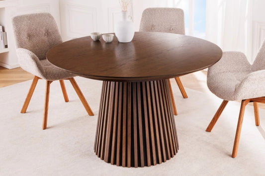 Masa extensibila Rotunda de 6-8 persoane din Lemn de stejar Maro inchis/Negru L120-160-200xH75cm Valhalla