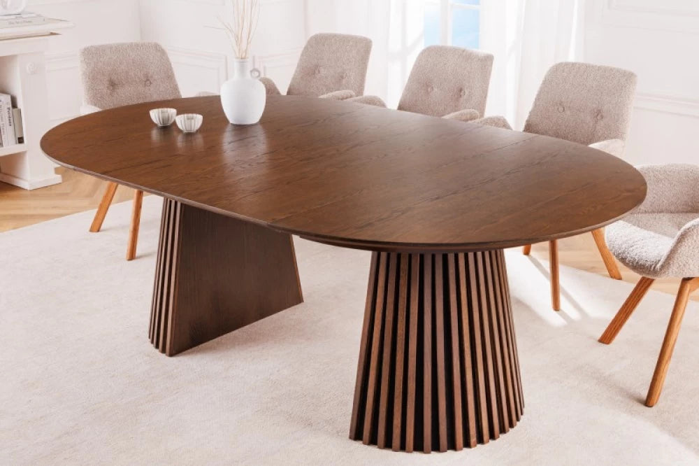 Masa extensibila Rotunda de 6-8 persoane din Lemn de stejar Maro inchis/Negru L120-160-200xH75cm Valhalla