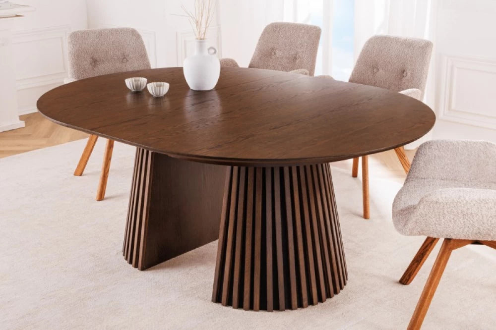 Masa extensibila Rotunda de 6-8 persoane din Lemn de stejar Maro inchis/Negru L120-160-200xH75cm Valhalla