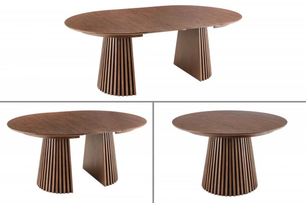 Masa extensibila Rotunda de 6-8 persoane din Lemn de stejar Maro inchis/Negru L120-160-200xH75cm Valhalla