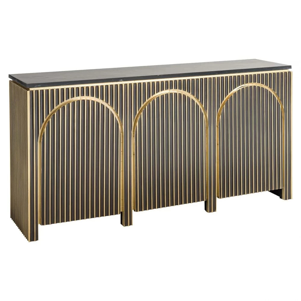 Comoda cu 3 usi din Marmura Negru si MDF placat cu metal Alama L160xH81cm Les Arcs Richmond Interiors