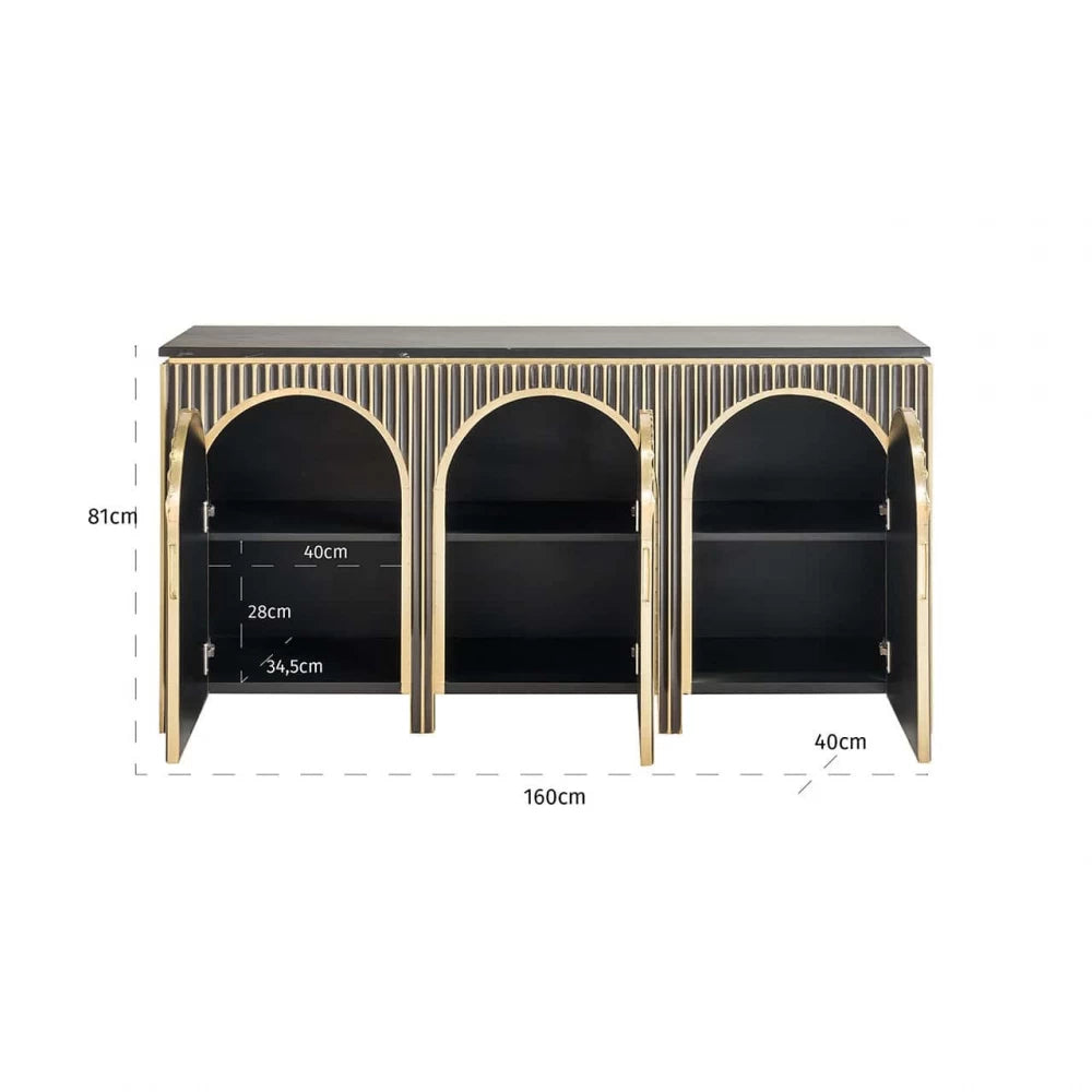 Comoda cu 3 usi din Marmura Negru si MDF placat cu metal Alama L160xH81cm Les Arcs Richmond Interiors