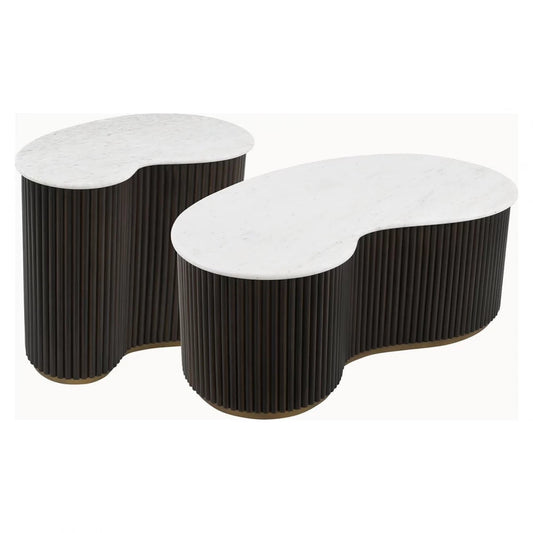 Set 2 masute de cafea Asimetrica din Marmura Alb si Lemn de mango/Metal Maro/Alama L100/50xH34/35cm Mayfield