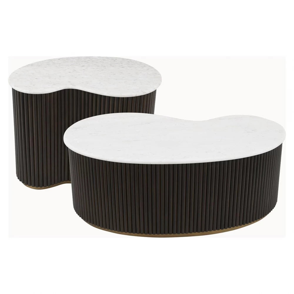 Set 2 masute de cafea Asimetrica din Marmura Alb si Lemn de mango/Metal Maro/Alama L100/50xH34/35cm Mayfield