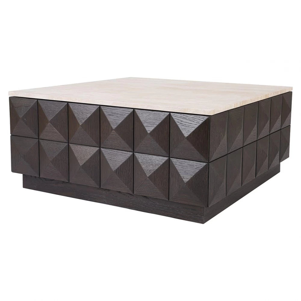 Masuta de cafea Patrata din Piatra Bej si Lemn de stejar Maro L90xH40cm Claremont