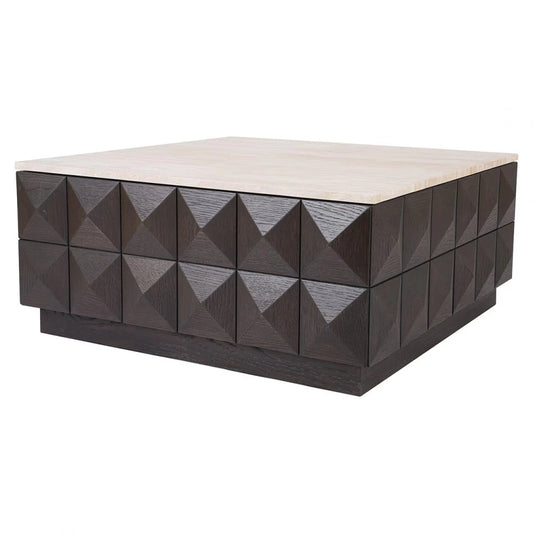 Masuta de cafea Patrata din Piatra Bej si Lemn de stejar Maro L90xH40cm Claremont