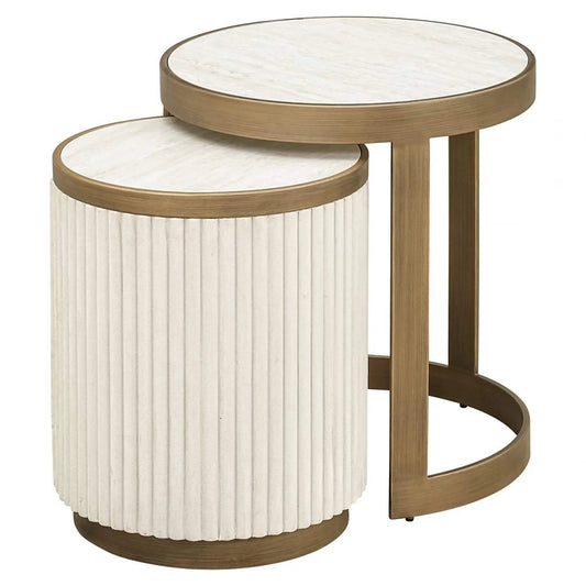 Set 2 masute de laterale Rotunda din Ceramica Alb si Metal Auriu D40/50xH49/56cm Tivoli