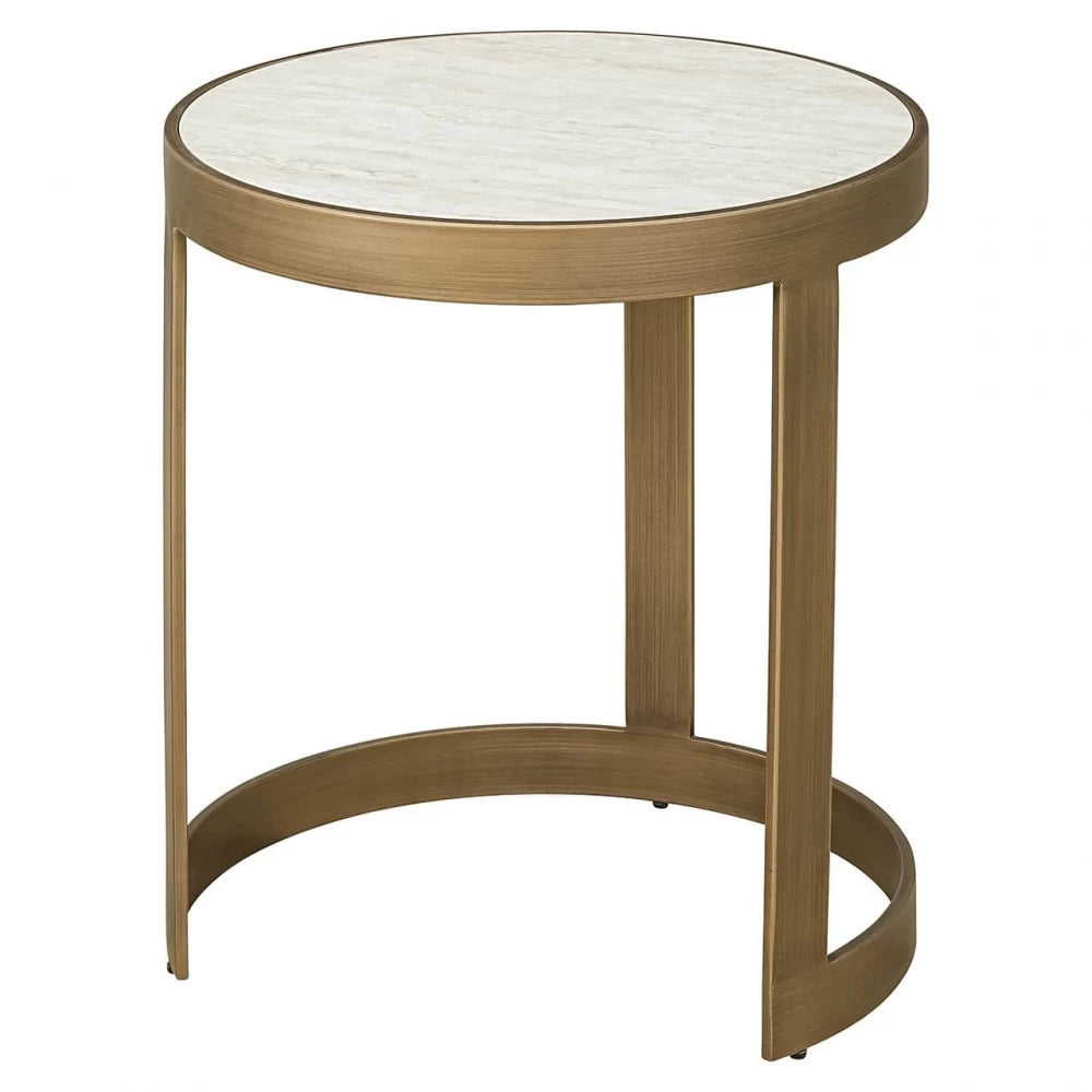Set 2 masute de laterale Rotunda din Ceramica Alb si Metal Auriu D40/50xH49/56cm Tivoli