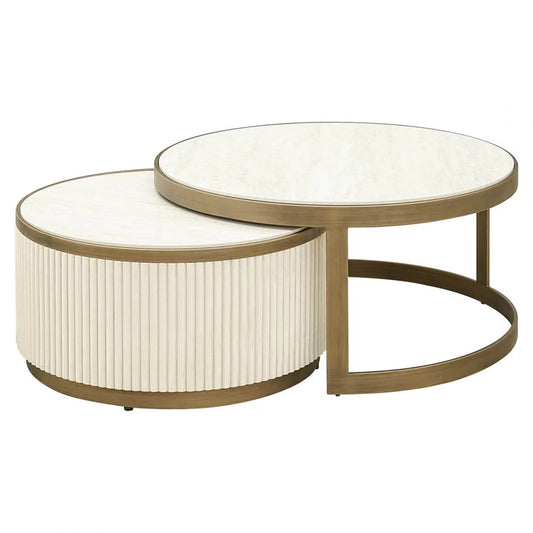 Set 2 masute de cafea Rotunda din Ceramica Alb si Metal Alama D76/91xH38/44cm Tivoli
