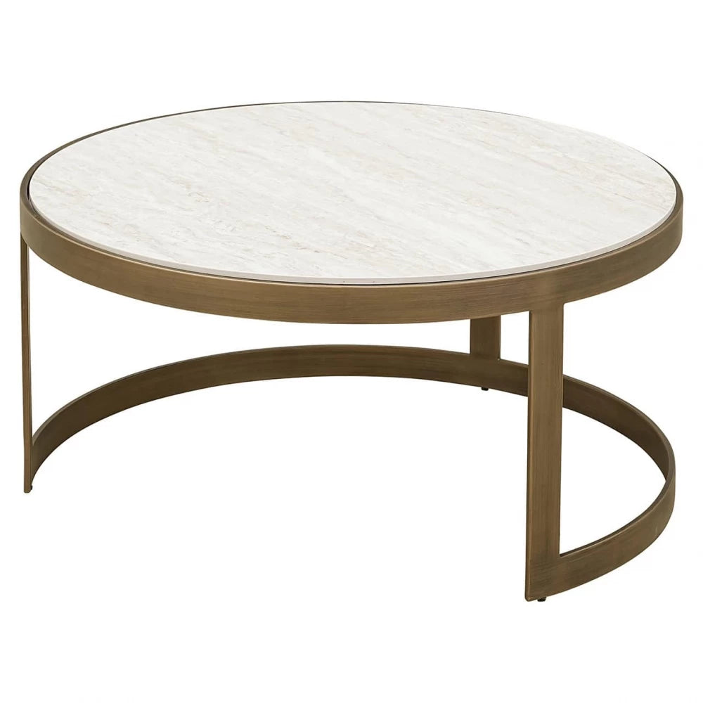 Set 2 masute de cafea Rotunda din Ceramica Alb si Metal Alama D76/91xH38/44cm Tivoli