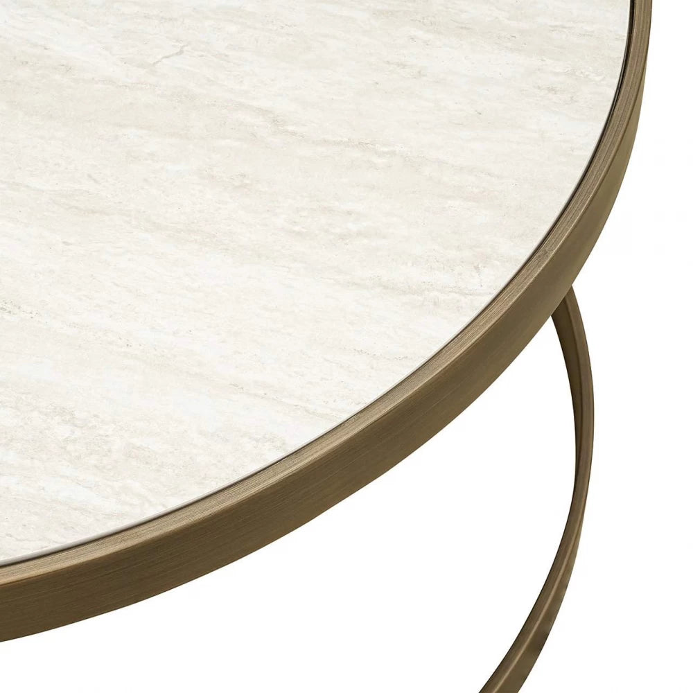 Set 2 masute de cafea Rotunda din Ceramica Alb si Metal Alama D76/91xH38/44cm Tivoli