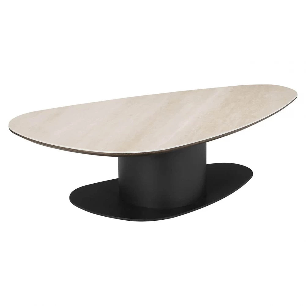 Masuta de cafea Asimetrica din Travertin Bej si Metal/MDF Negru L140xH38cm Ritz