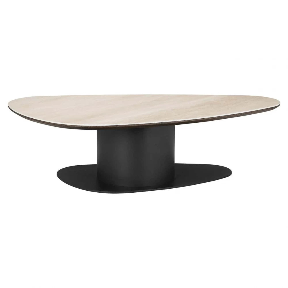 Masuta de cafea Asimetrica din Travertin Bej si Metal/MDF Negru L140xH38cm Ritz