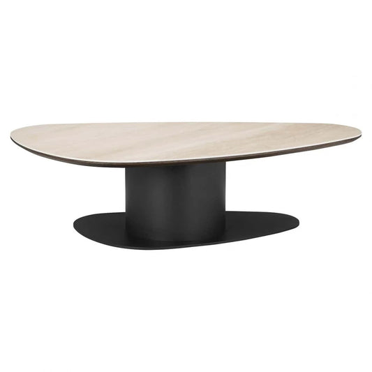 Masuta de cafea Asimetrica din Travertin Bej si Metal/MDF Negru L140xH38cm Ritz