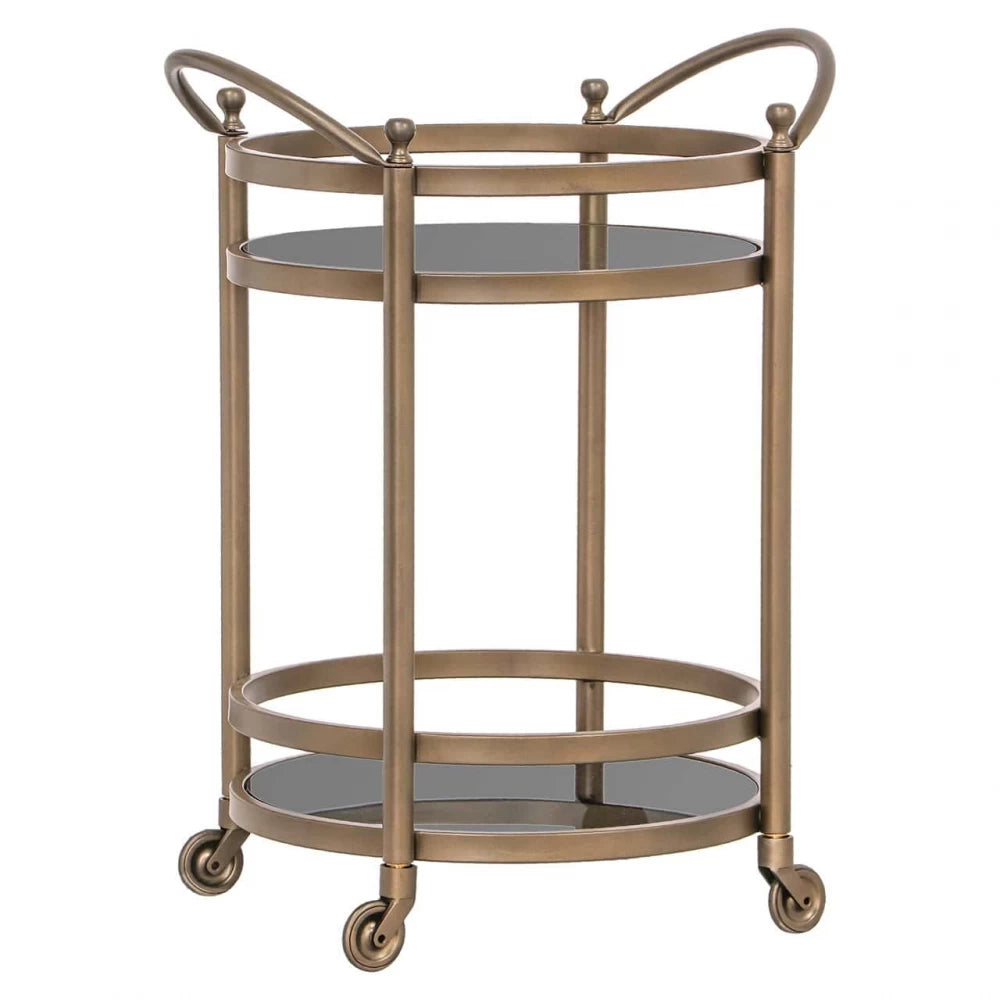 Carucior de servire Rotunda din Sticla Fumuriu si Metal Auriu L55xH74.5cm Hendricks