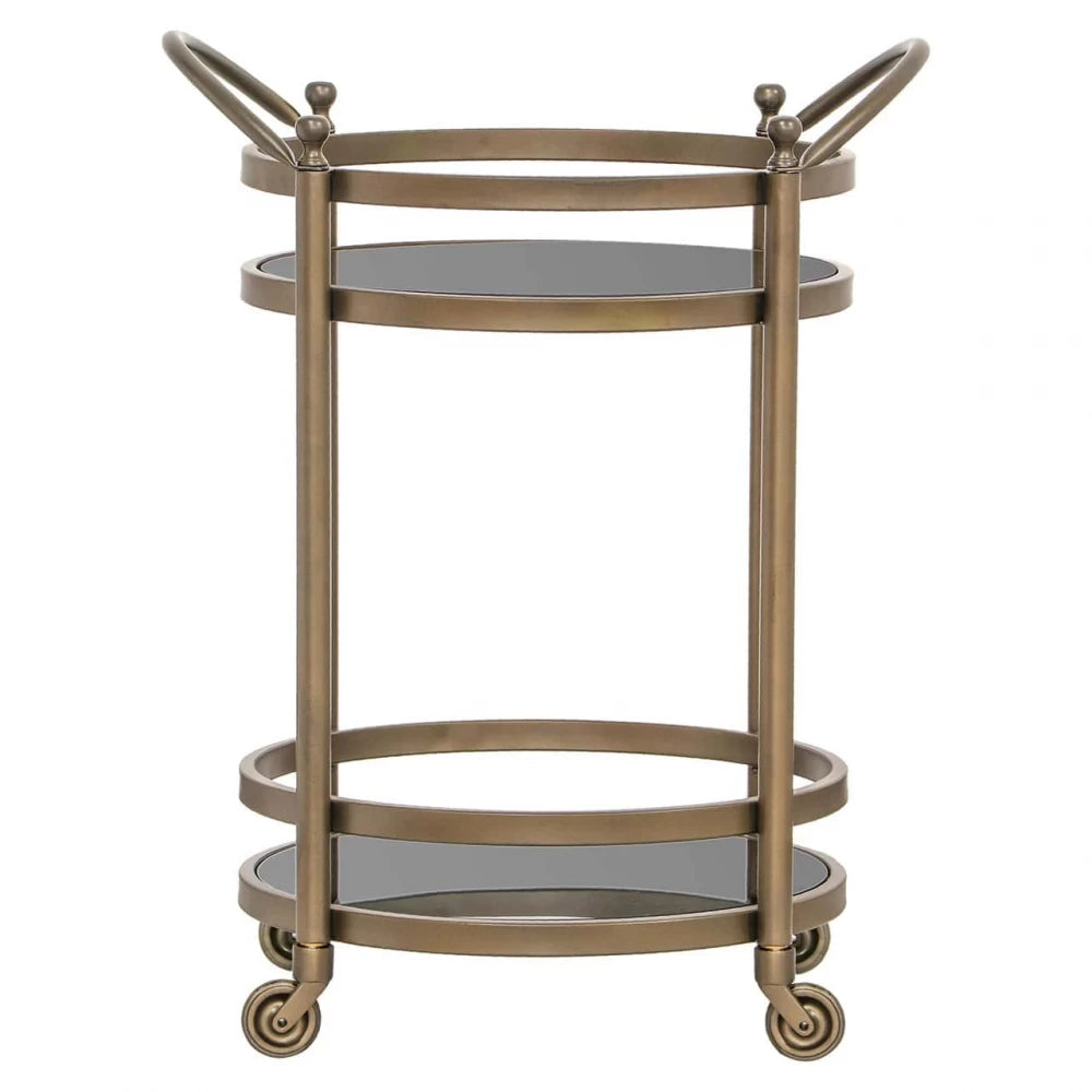 Carucior de servire Rotunda din Sticla Fumuriu si Metal Auriu L55xH74.5cm Hendricks