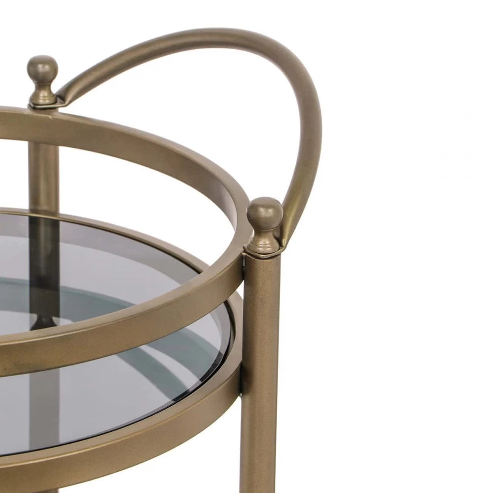 Carucior de servire Rotunda din Sticla Fumuriu si Metal Auriu L55xH74.5cm Hendricks