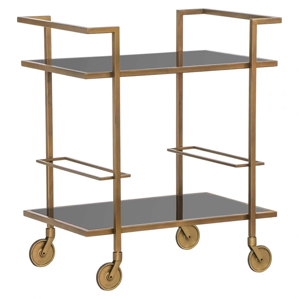 Carucior de servire Dreptunghiulara din Sticla Fumuriu si Metal Auriu L76xH89cm Xo