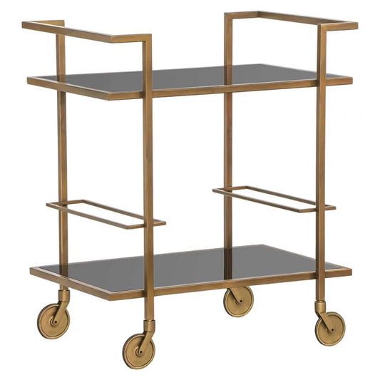 Carucior de servire Dreptunghiulara din Sticla Fumuriu si Metal Auriu L76xH89cm Xo
