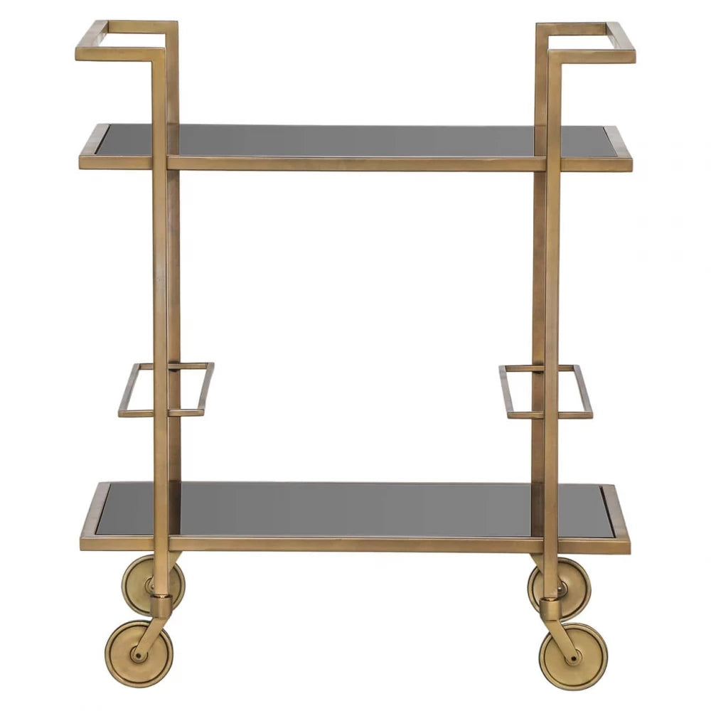 Carucior de servire Dreptunghiulara din Sticla Fumuriu si Metal Auriu L76xH89cm Xo