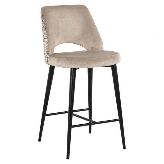 Scaun de insula tapitat cu Catifea/Stofa Bej cu picioare din Metal Negru H98.5xL47xA56cm Tabitha Richmond interiors