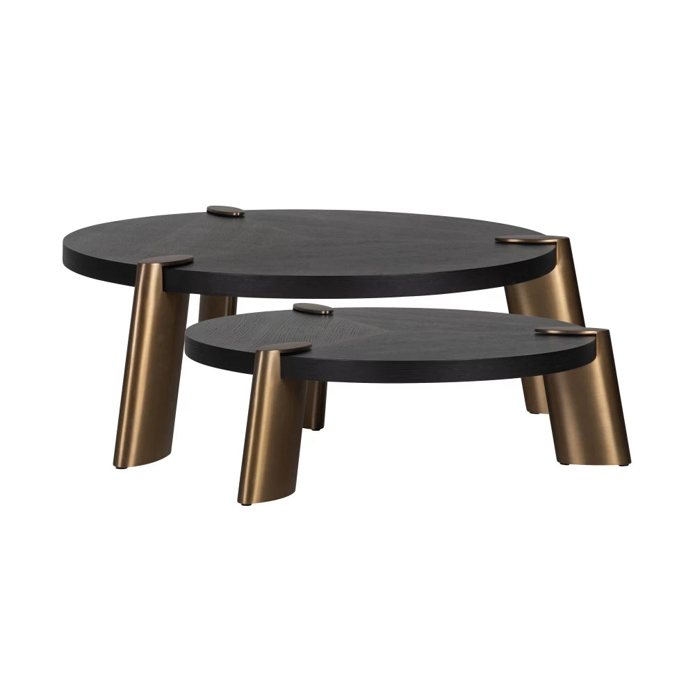 Set 2 masute de cafea din Furnir de stejar Negru si Metal Cupru D100/122xH32/42cm Brody