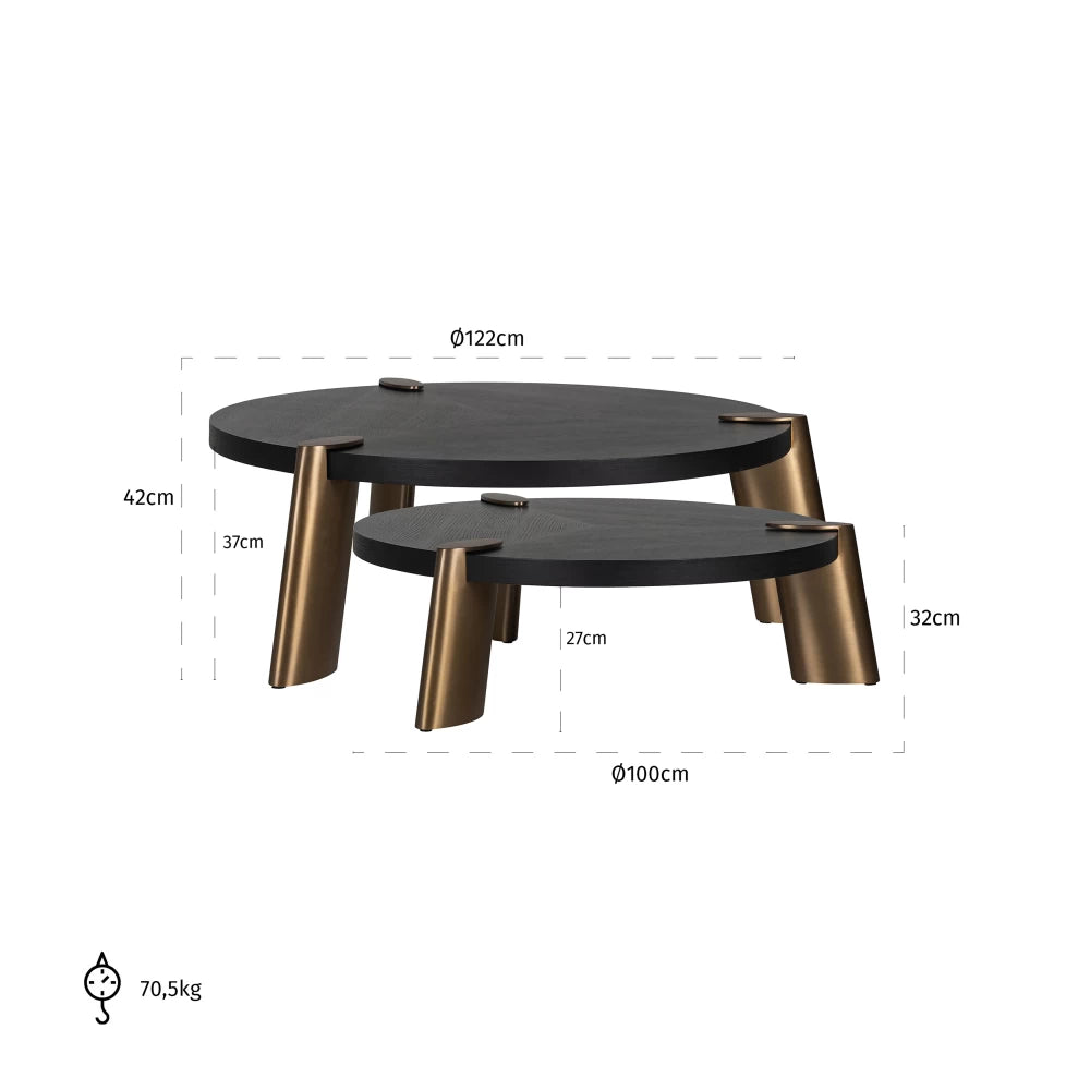 Set 2 masute de cafea din Furnir de stejar Negru si Metal Cupru D100/122xH32/42cm Brody
