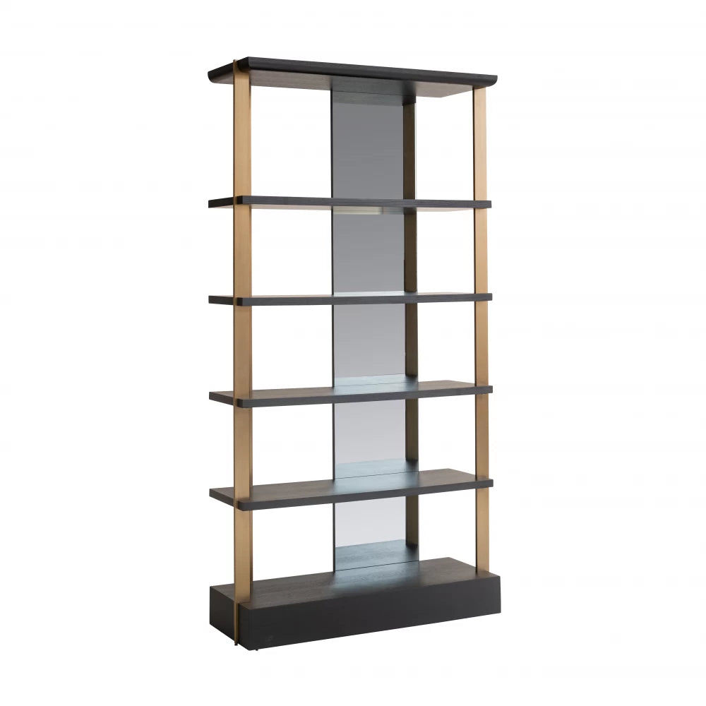 Raft cu oglinda din Furnir de stejar Negru si Metal Auriu L112xH218cm Rigley